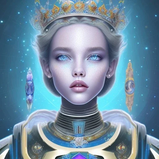 cosmic petit prince belle fine, profil de trois quart, grand front cosmique, peau cristalline, yeux bleu, perle sur le front , cristaux sur le corps, collier de grande princesse, , très jolie sourire, ambiaqnce galactique, fleurs