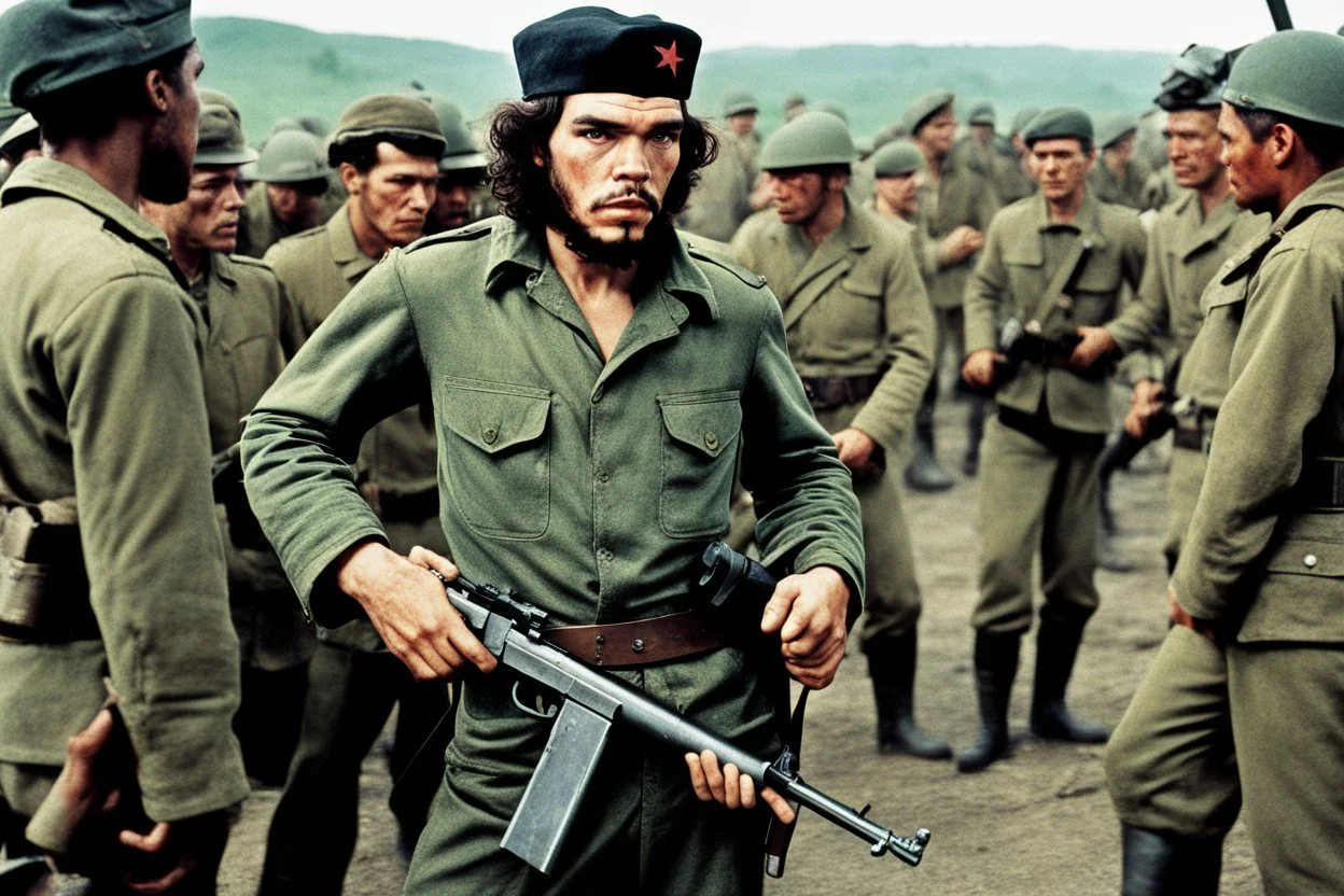 color image of Che Guevara with his real face and hat with star standing with heavy gun in hand boots in a fighting area, other soldiers are fighting