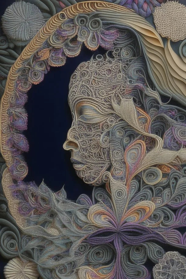 Tapestry titled "morphic resonance" made out of knotted macrame with intricately detailed quilling consisting of flowers, foliage, feathers, leather, and gemstones; optical art; symbolism, precisionism, MC Escher, intricately detailed, elegant, colorful, attractive, evocative