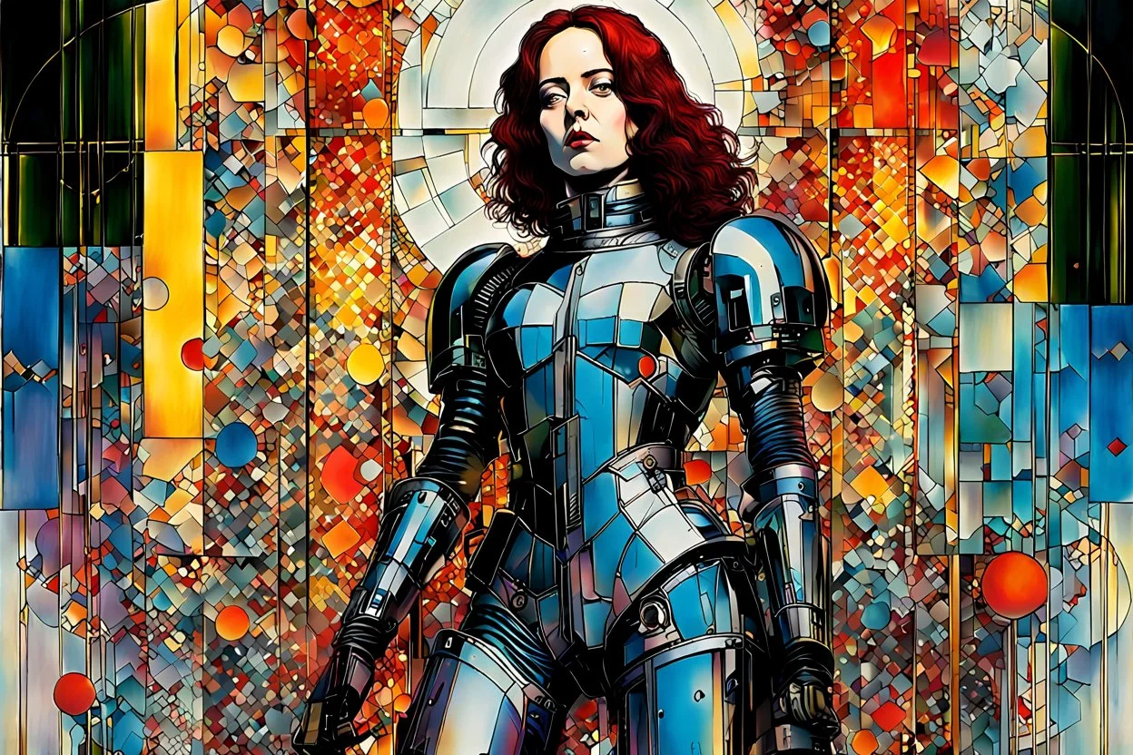 Create chaotic abstract cubist full body religious triptych depicting a martyred Gothpunk Saint Joan of Arc , with highly detailed facial features, in the style of Bill Sienkiewicz, Philippe Druillet, Gustav Klimt, and Jean Giraud Moebius, precisely drawn, colored and inked