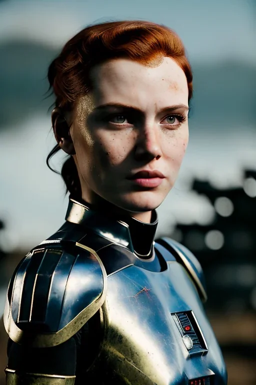 ultrarealistic, ruined city,__star wars armor__, __angles__, 18 year old woman, strikingly beautiful, ginger hair, _colour_, [__starlets__|__starlets__], (pale __skincolor__ skin:1.2), __camera__, _hair_, detailed face and eyes, medium breasts, leather choker, freckles, dynamic pose, resolved expression, __accessory__, strappy outfit, (straps:1.1), sword in scabard on left hip, (buckles, buttons, snaps, rings:1.0), haltertop style breastplate, detailed eyes, plump lips, sci-fi theme