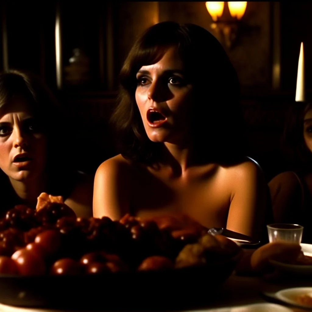 Horror movie shot, spooky, ultra realistic, distress, dine, horns, ultra realistic hot women, party, pieces of meat, creepy, organs, ail dynamic, anguish, very excited people, hypermaximalist figures, creepy, 1970's Italian horror movie, sinister, John Carpenter, Dario Argento, Stanley Kubrik, ornate, 4k, photorealism