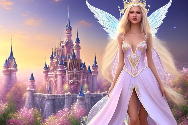 castle in background, beautiful, soft, big smiling, straight and long blonde hair, blues eyes, dewy and shiny atmosphere, diamond crown, long fairy wings in the back, full head, pink veil clothes