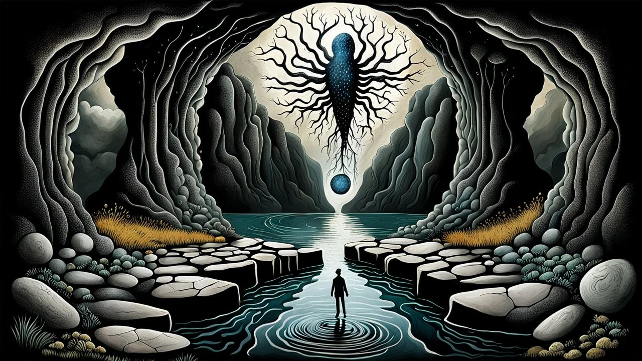 dreamlike inner world with uncontrolled mind and neurodivergens soul, floating rocks over surreal cracked weird landscape . between two dark door one stone bridge over black river, . deep dark colors. Whimsical strange style of Chagall, of Quentin Blake, andYoshitaka Amano of Anton Semenov. some black human creature sitting , flotaing, walking in picture, weird absurd beauty nightmare, black shadow, in background neuronic network, surreal vibe, cinematic