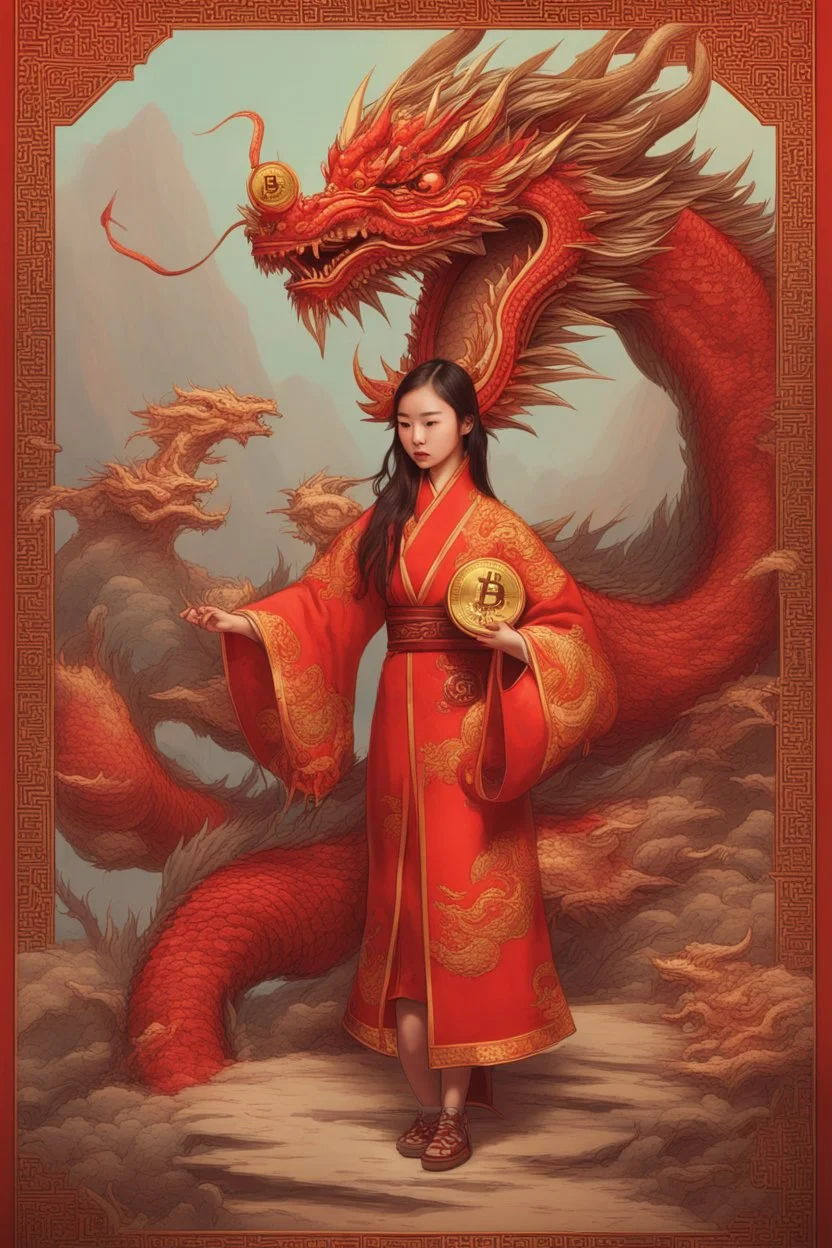 Bitcoin cryptocurrency in the hands of a traditional chinese girl, dragon