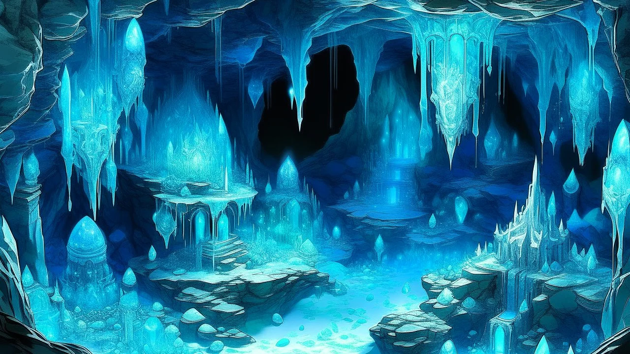 A cyan cavern with crystals designed in African pottery painted by Guo Xi