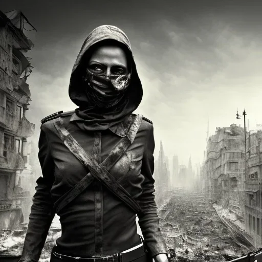 women with faces covered in black masks, holding rifle, ragged clothes, realistic, Life Magazine photgraphy, war-torn, destroyed city in the background, dystopian, 8k resolution, hyperrealistic, detailed matte painting, b&w, dynamic lighting, war, anarchy, rebels, terrorists