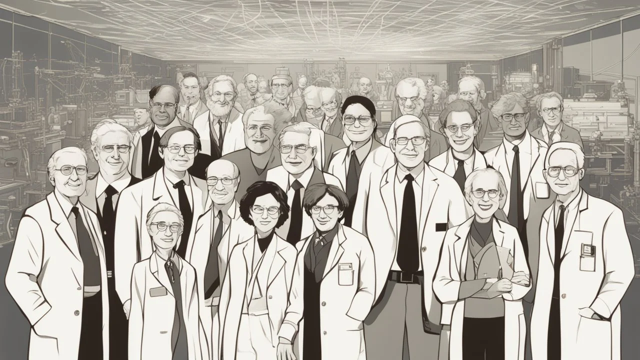 The image depicts a group of pioneering scientists standing together against a modern scientific backdrop. The scientists are dressed professionally and exhibit enthusiastic smiles. The image showcases intricate details of modern scientific and technological tools in the background, indicating the advancement of technology and science. The image conveys a message of inspiration and ambition to change the world through scientific research and innovative technology.