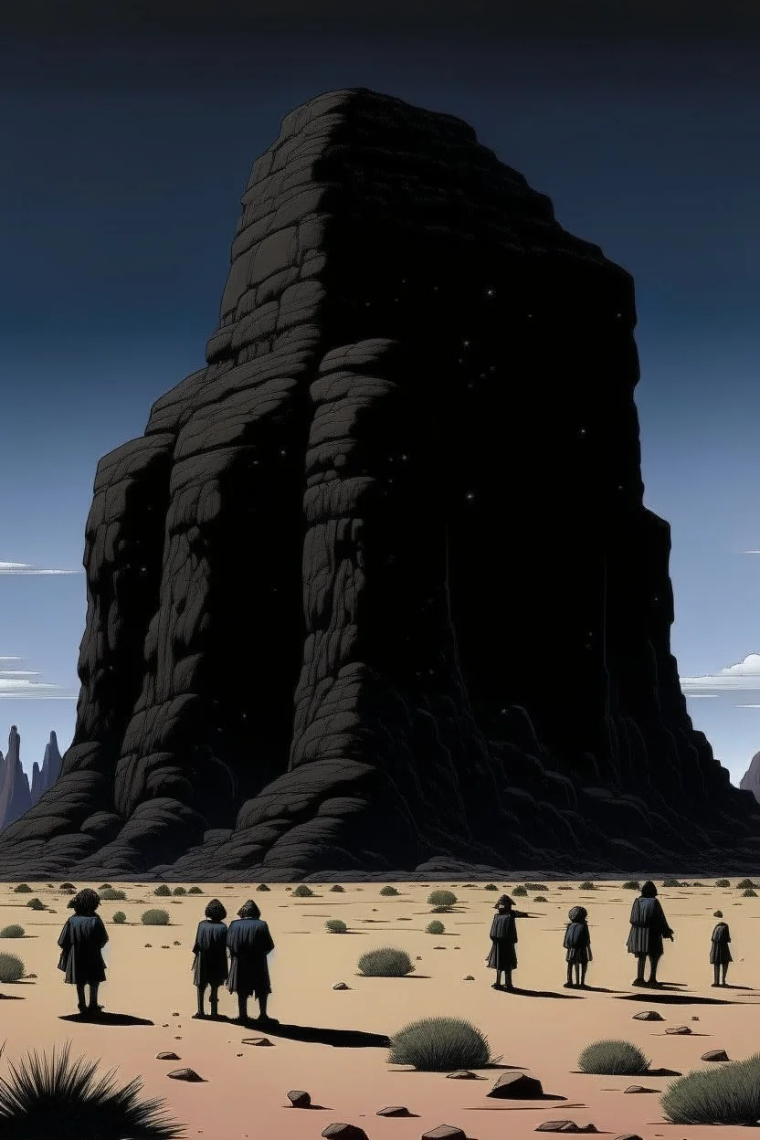 giant black rock in the desert with small people around n the style of Hiroshi Nagai