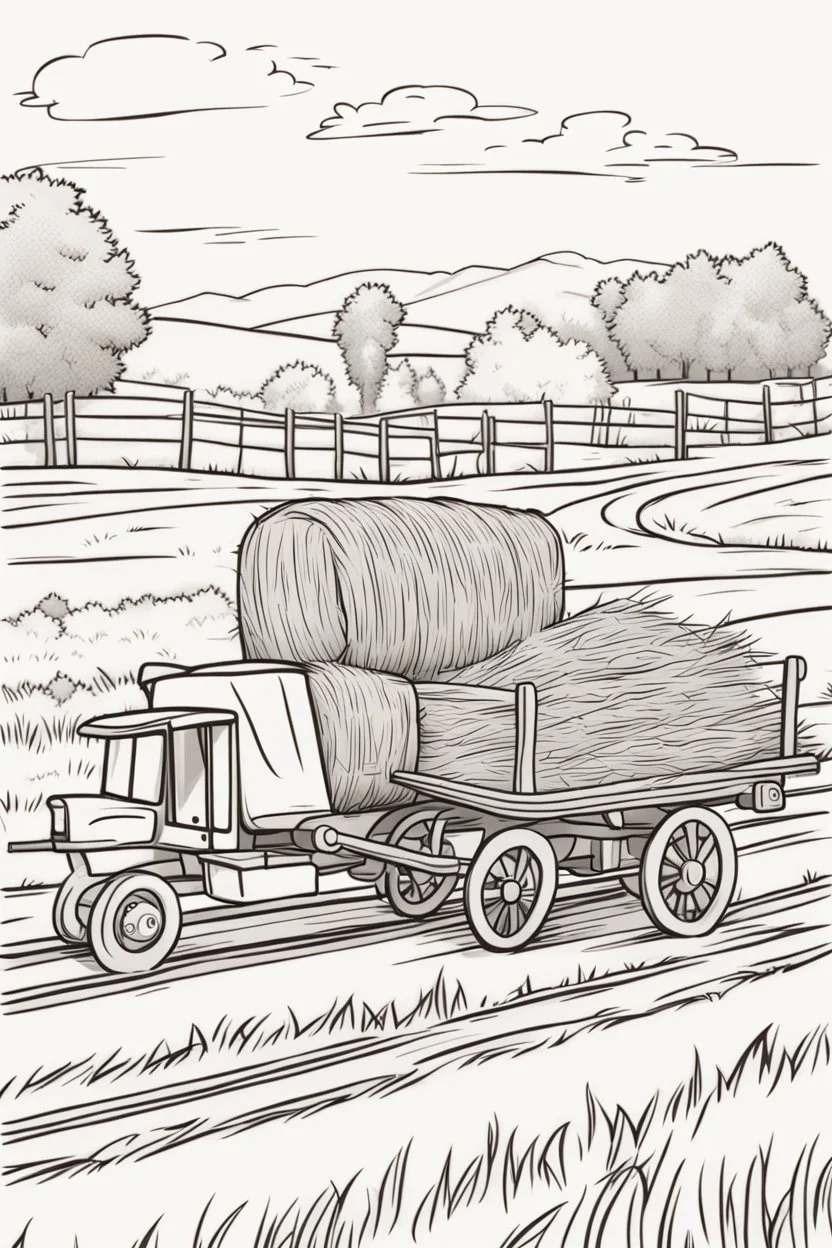 coloring page, flatbed wagon carrying hay, cartoon style, thick lines, low detail, no shading