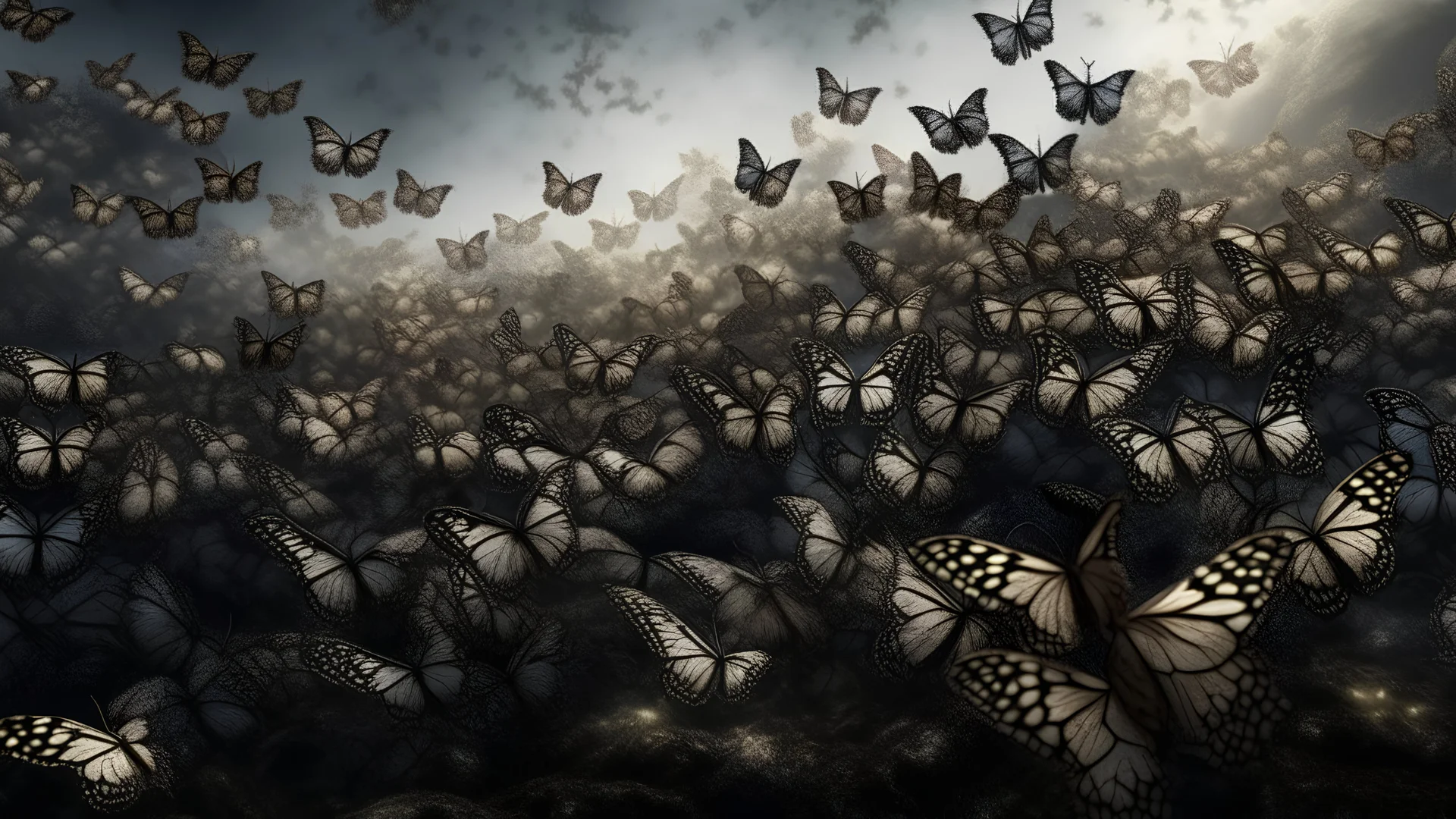 Many butterflies woven from many tangles disappearing into the distant mist, epic photo, sharp on very detailed skin with wrinkles and high contrast, photorealistic, 4K, 3D, realism, hyperrealism, detail, good lighting, detailed texture, modern photography style, 3D, 4D, 4K --2:3