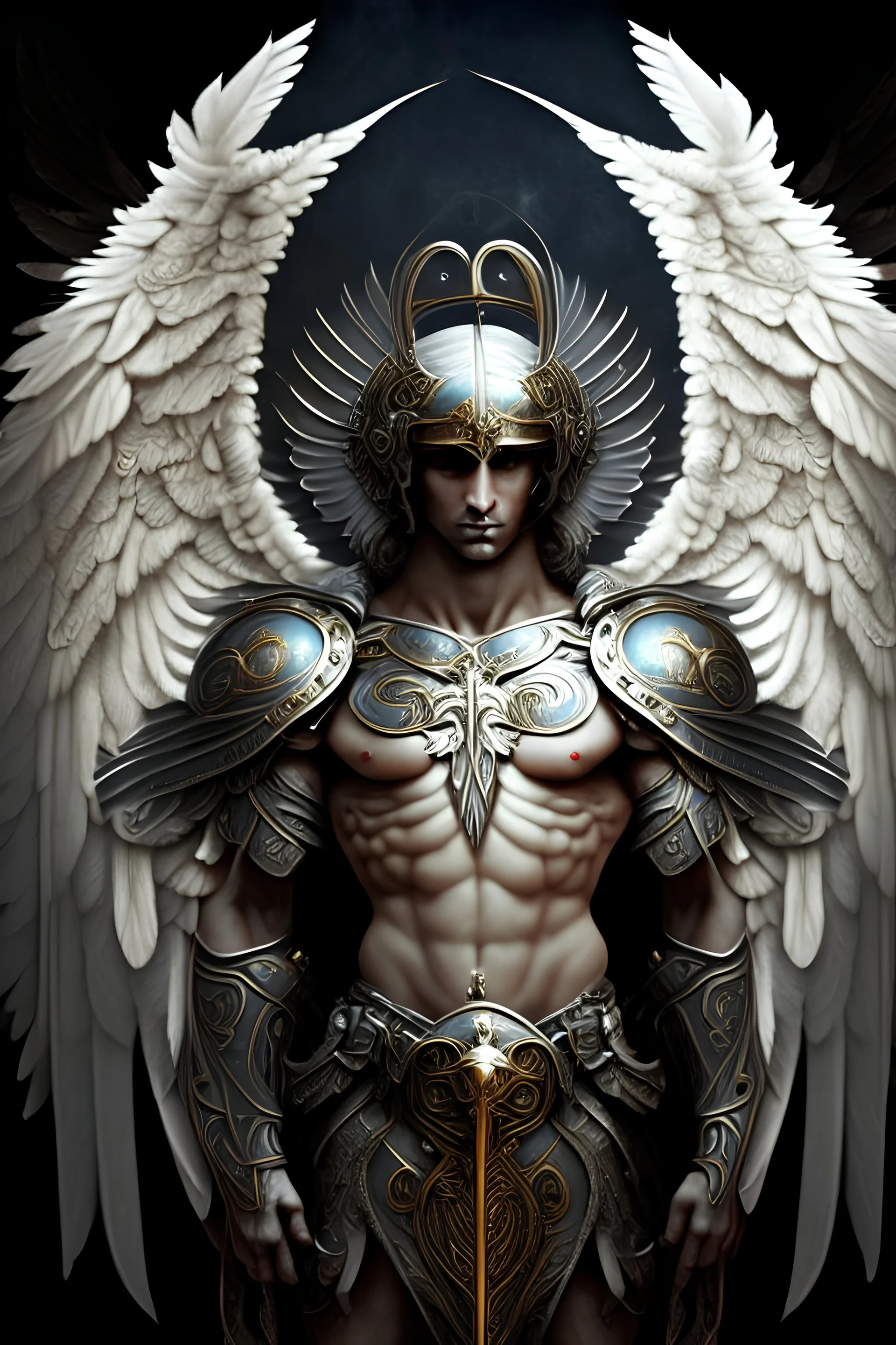 armourd angel with six wings and three eyes