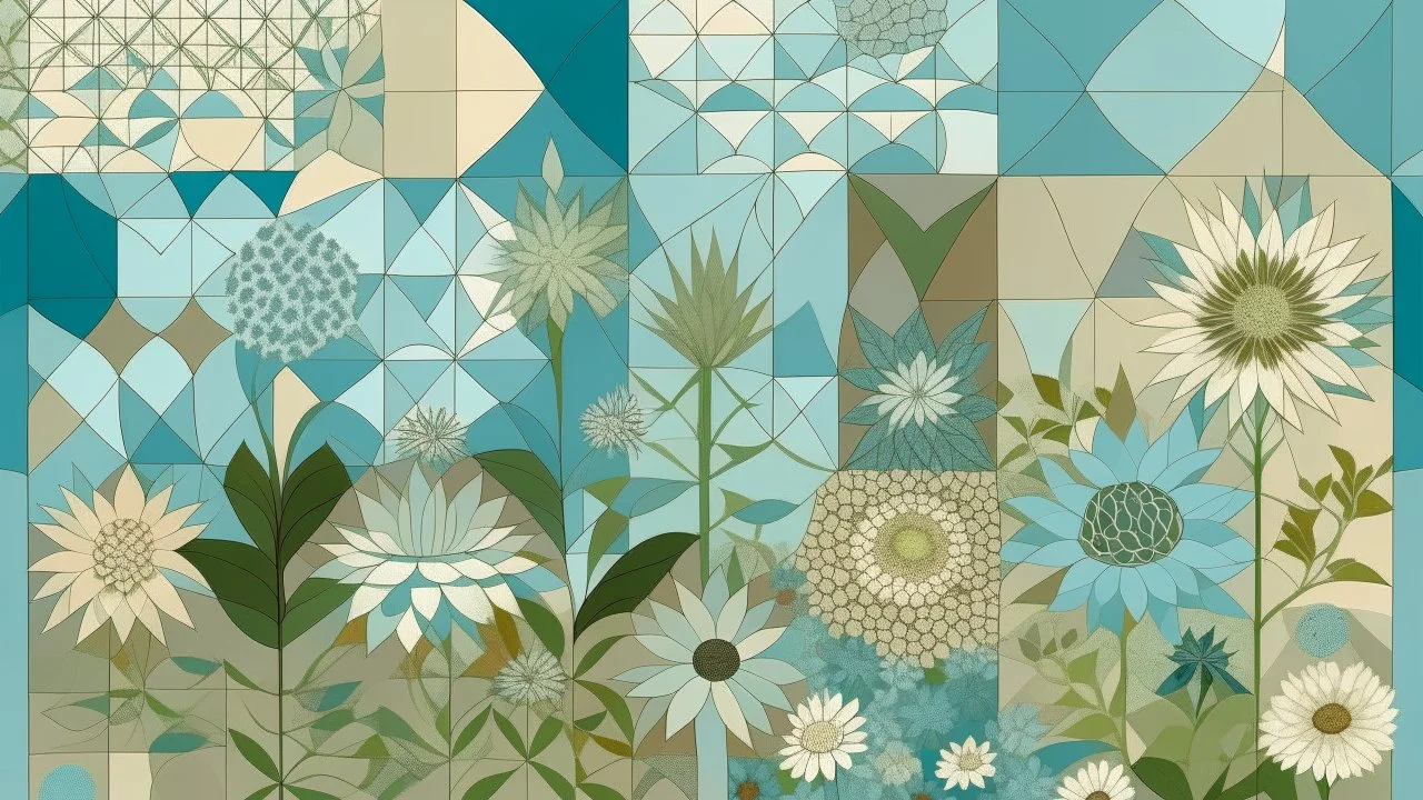 Contemplative and realist photo of a garden of geometric flowers. Colors are light blue, light brown and light green.