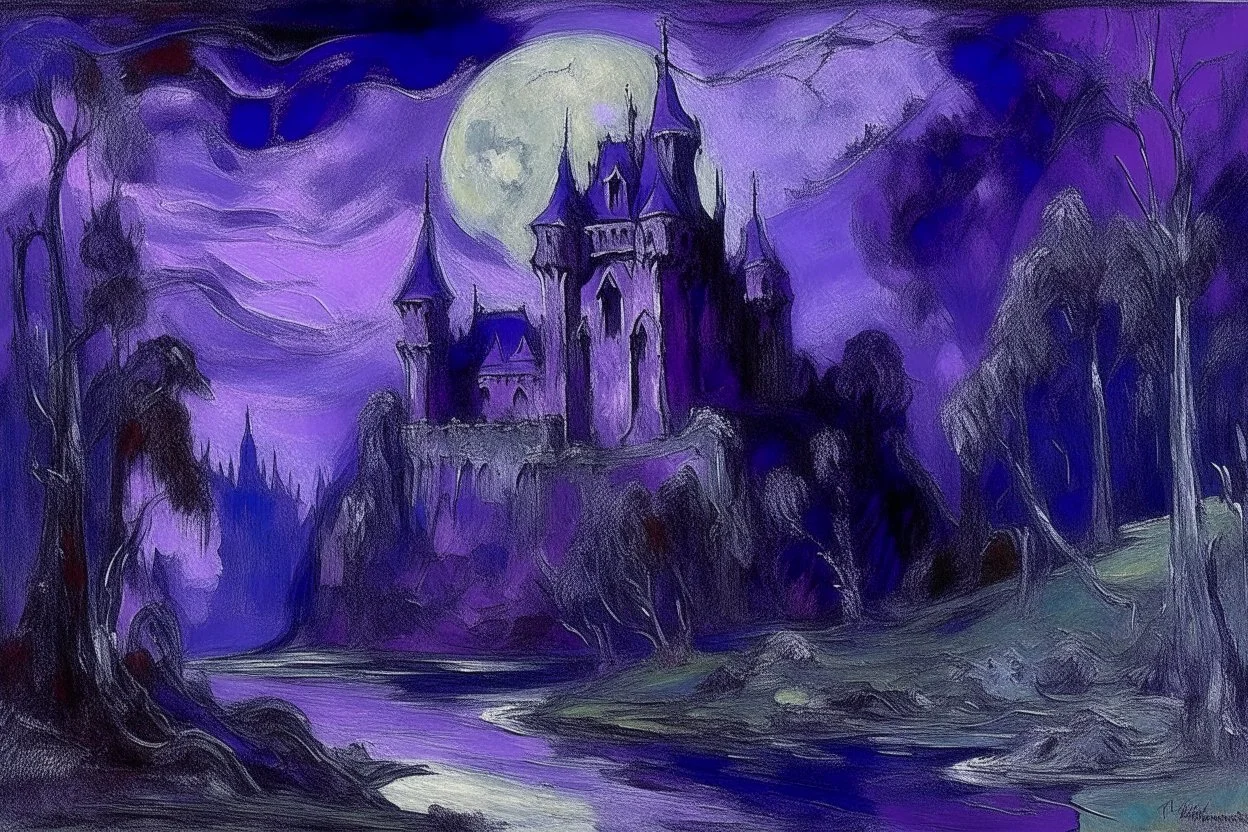 A purple undead vampire castle painted by Claude Monet