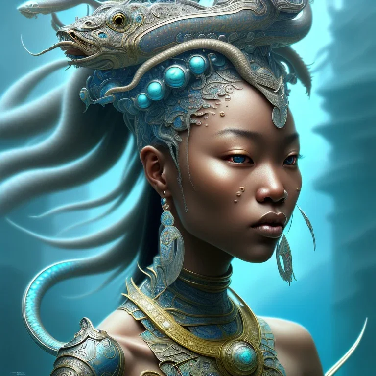 Sango fantasy, fantasy magic, intricate, sharp focus, illustration, highly detailed, digital painting, concept art, matte, art germ and Paul Lewin and Kehinde Wiley, masterpiece Japanese dancer head bronze eel' Asian African girl nice breast Thai hair turquoise silver blue under water