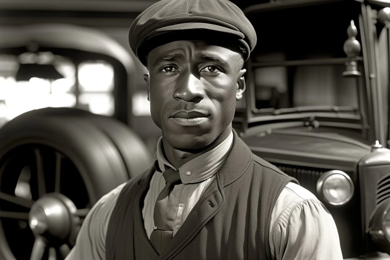 ww1 black driver talking close-up standing up looking to the camera, garage background