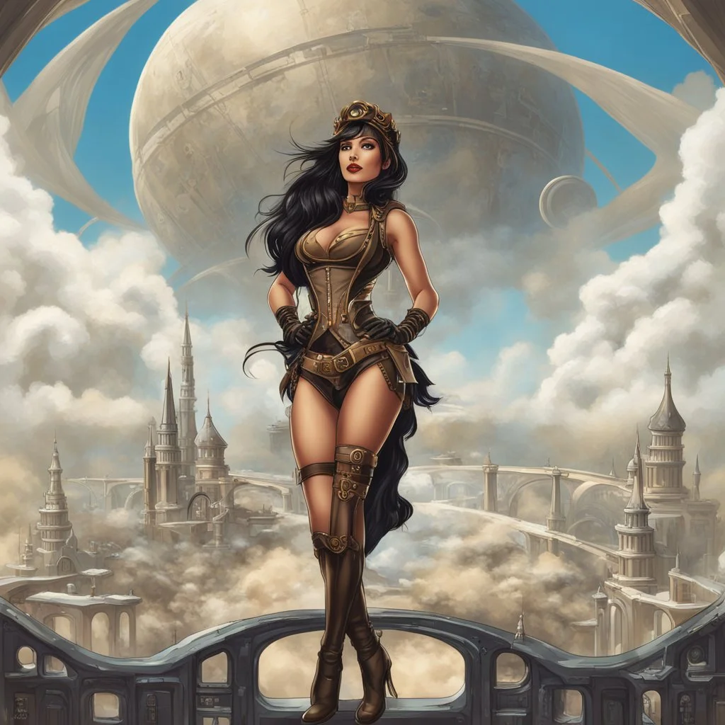 exotic sci-fi steampunk pin-up girl, with long dark hair and wings, on an alien planet with cloud trees, tall spires, buildings, bridges, arches