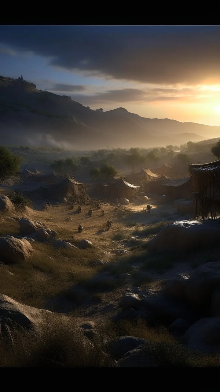 Busch nightmares paining style, thin line draw ,Title:view of a Stone Age village surrounded by hills on an army waiting to attack the village at sunrise , 8k artistic photography, photorealistic concept art, soft natural volumetric cinematic perfect light, chiaroscuro, award-winning photograph, masterpiece, oil on canvas, Raphael, Caravaggio, Greg Rutkowski, people, beksinski, Giger