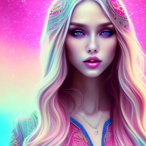 beautiful, soft, smiling face, whole head, long straight blonde hair blues eyes, crown on the head, clothing in transparent bluish and pink veil, background brillante bluish and pink, hight definition, 8K