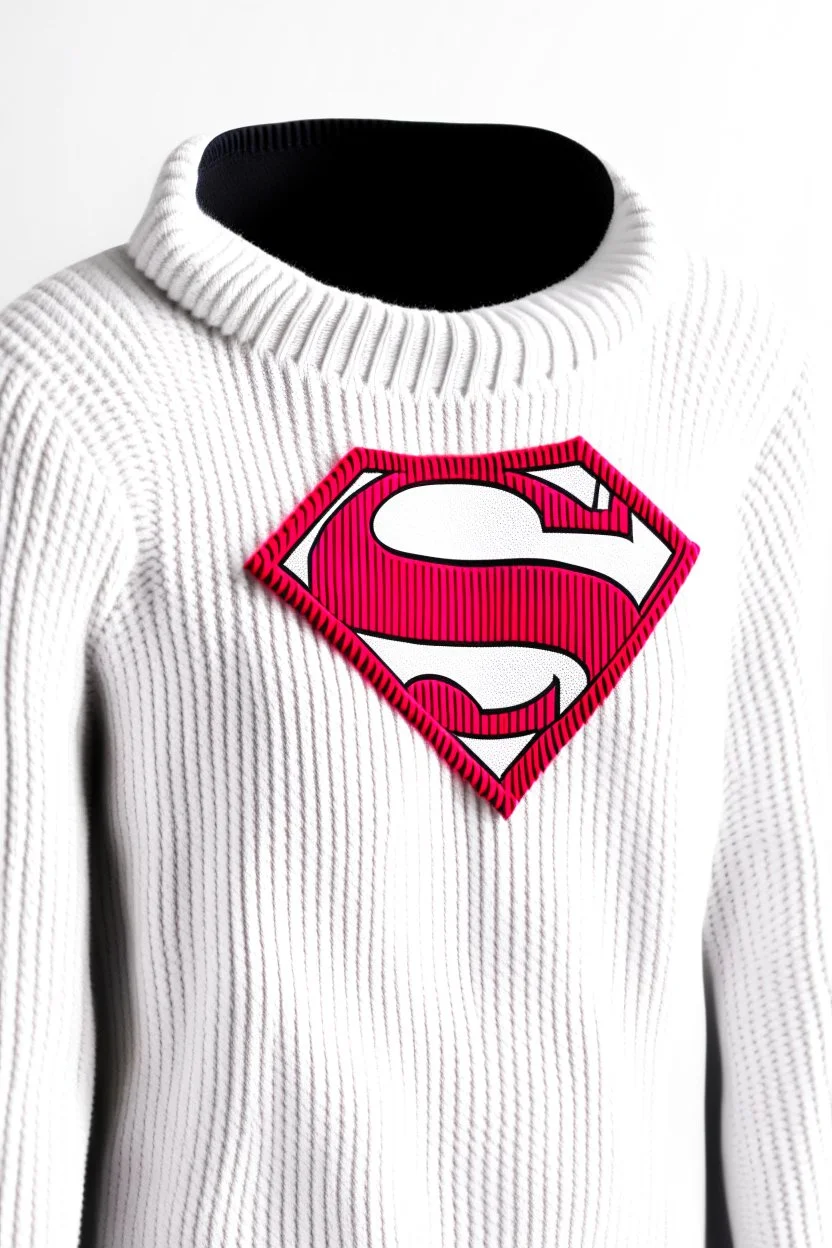 Superman's Balenciaga sweater Winter elegant inspired by Superman's Big emblem design white tones with dual color on a white background, product catalog photography, soft spot lighting, depth of field, 4k –ar 3:5 –q 2