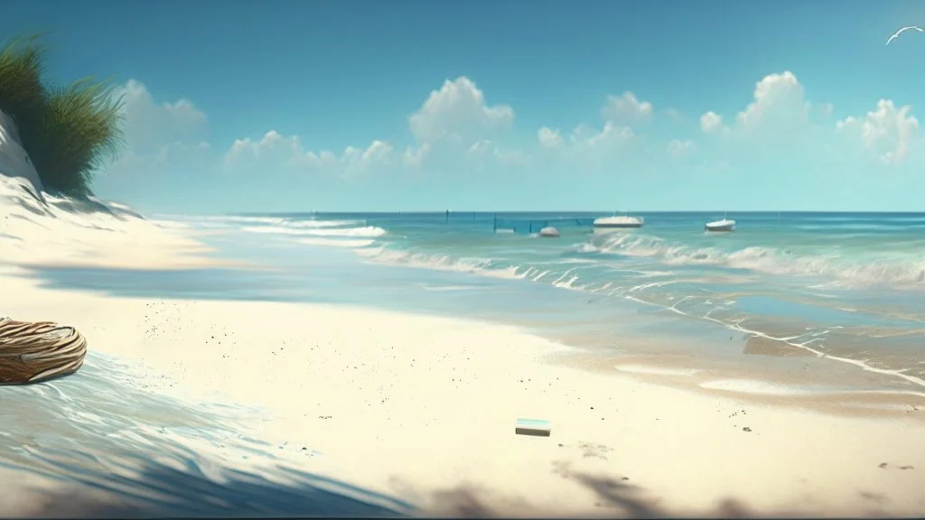 spiaggia e mare mezzogiorno, iperrealistico , cinematografico