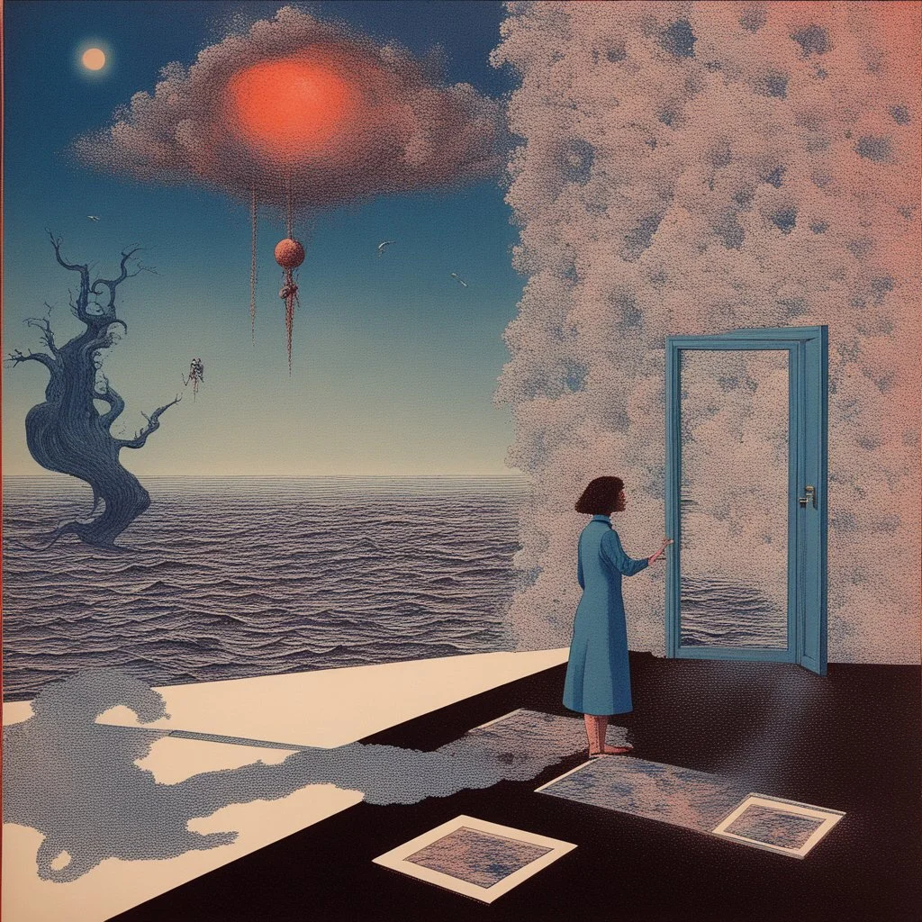 A Risograph: stereoscopic and surrealist techniques. Theme: moody Monday in my mind. The pixel witch making art, Salvador Dali style, ceiling is space scape, walls are see through sparkly glass, floor is glass looking into deep ocean, --ar 16:9 Inside my mind surreal Landscapes intertwine, Dali, Bosch, the pixel witch The past and the present intertwine deep inside my mind, a symphony of art conducted by Salvador Dali, the future’s on my mind, everything is about time,,surrealist painting called