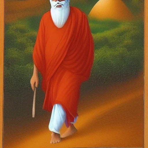 guru nanak dev ji walking away from camera, wearing saffron clothes walking in the dessert towards Mecca