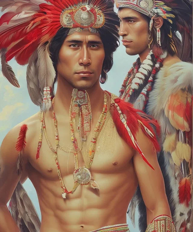 Guaicaipuro, native american god, 30 years old, Muscular warrior, red feathers headdress, shirtless, angry look