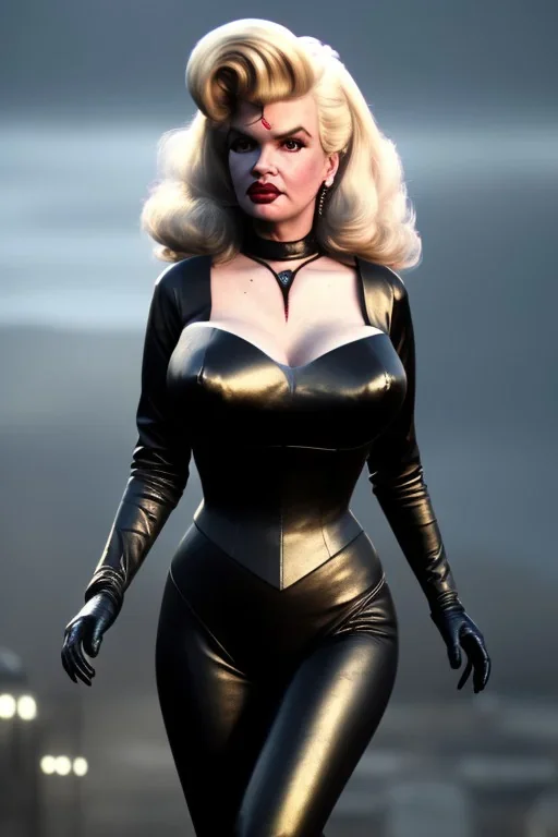 jayne mansfield as evil queen in black leather, angry, stern look, volumetric lighting, particales,highly detailed,cinematic, deep colours,8