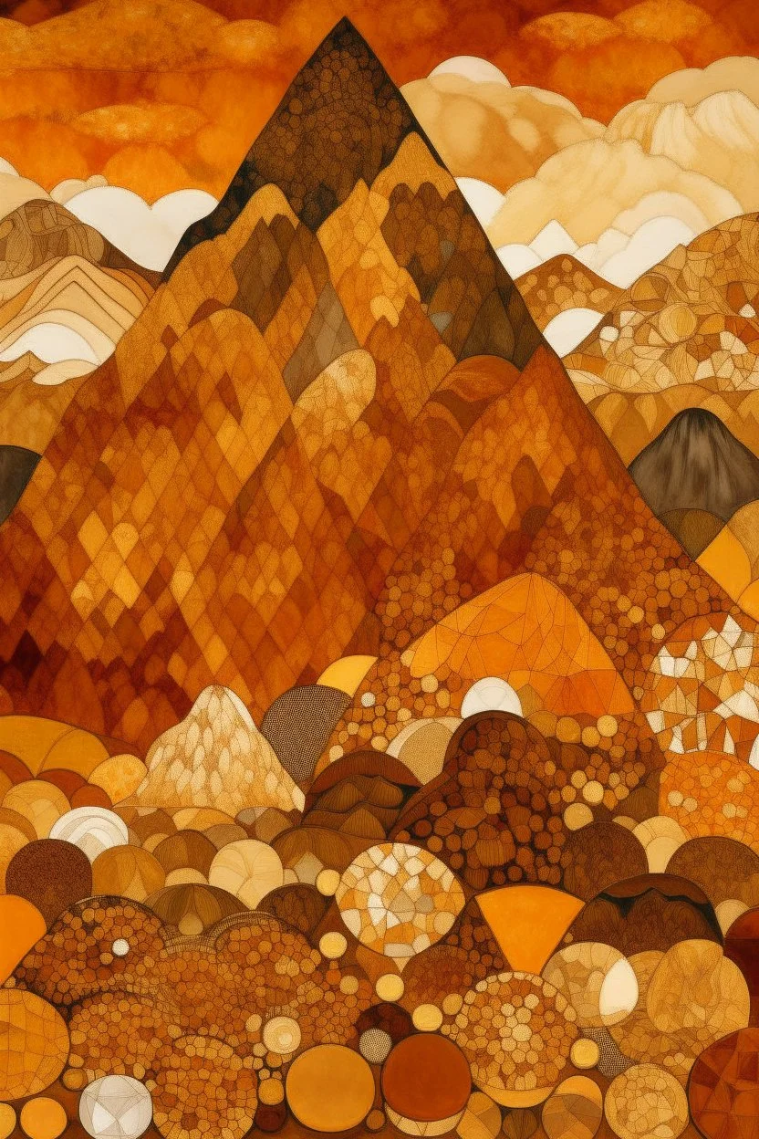 A brown mountain with amber stones designed in medieval tapestry painted by Frank Lloyd Wright