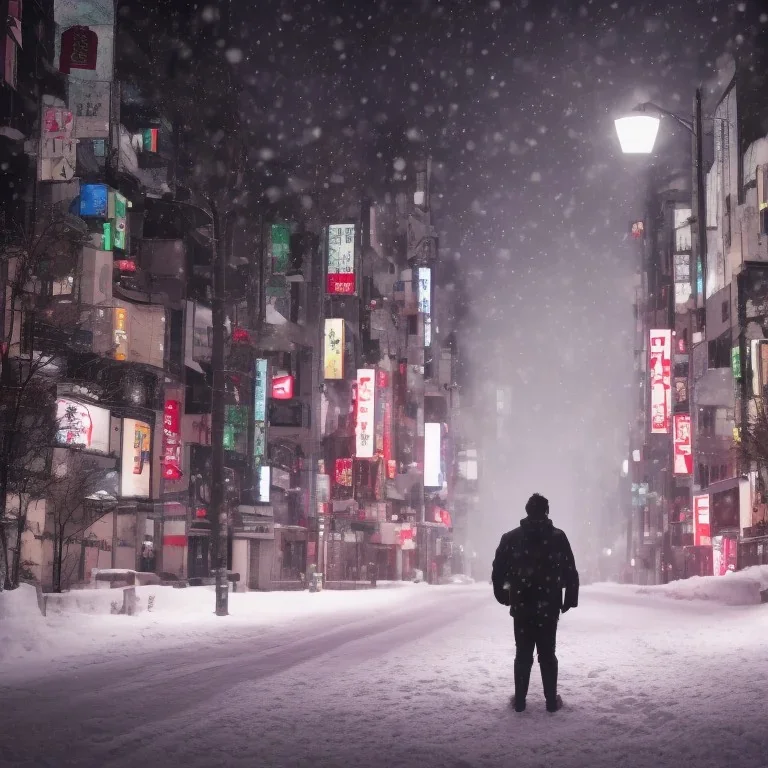 foto tirada por tras de um homem solitário sentado no chão, nas ruas de tokyo, na neve na noite de natal