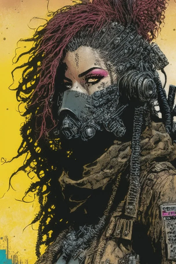 front facing full length portrait illustration of a grunge armored female with beaded dreadlock hair cyberpunk vampire mercenary with gas mask, telecommunications headset, and shemagh, highly detailed with gritty post apocalyptic textures, toxic irradiated landscape, finely detailed facial features and hair, in the graphic novel style of Bill Sienkiewicz, and Jean Giraud Moebius