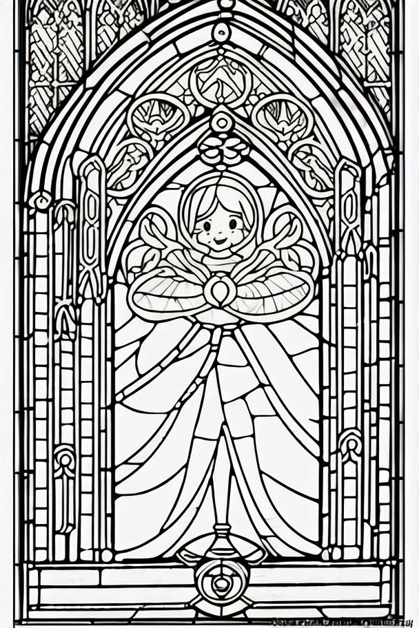 kids coloring page, stained glass window, cartoon style, thick lines, low detail, no shading