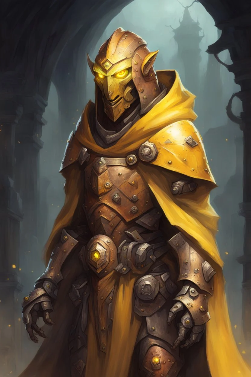 Copper Warforged, druid, glowing yellow eyes, wearing cloak, dungeons and dragons, Mechamaru