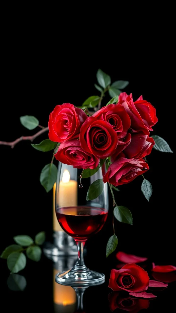 The image is a digital artwork that depicts a branch of tree of Red roses and leaves tangling down cr The background is black, which makes a branch of a tree of red roses stand out even more adding to the dreamy, ethereal quality of the image.all leaves and A big sweat drop of water on the outside the glass of red wine up in front the roses. A dim light candle in the background