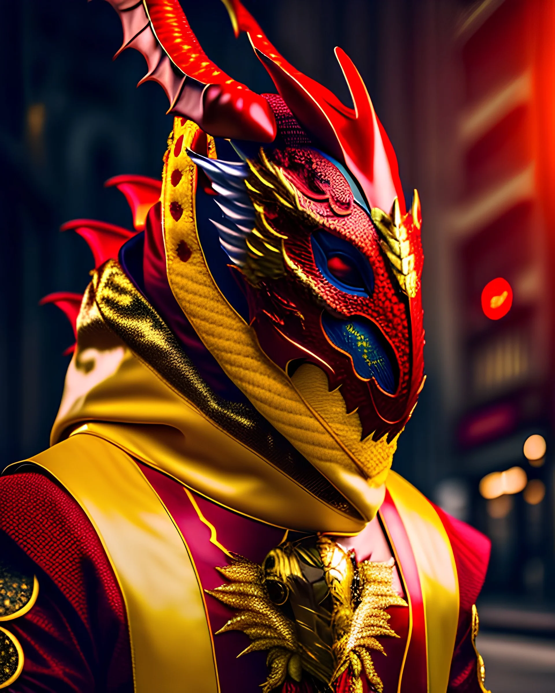 Dragonman futurista, hombre con antifaz, detalles intrincados, botas, color rojo y amarillo, 8k