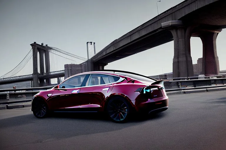 A Tesla 'Model 3' is parked, on the 'FDR Drive', eastern Manhattan. (CINEMATIC, WIDE ANGLE LENS, PHOTO REAL)