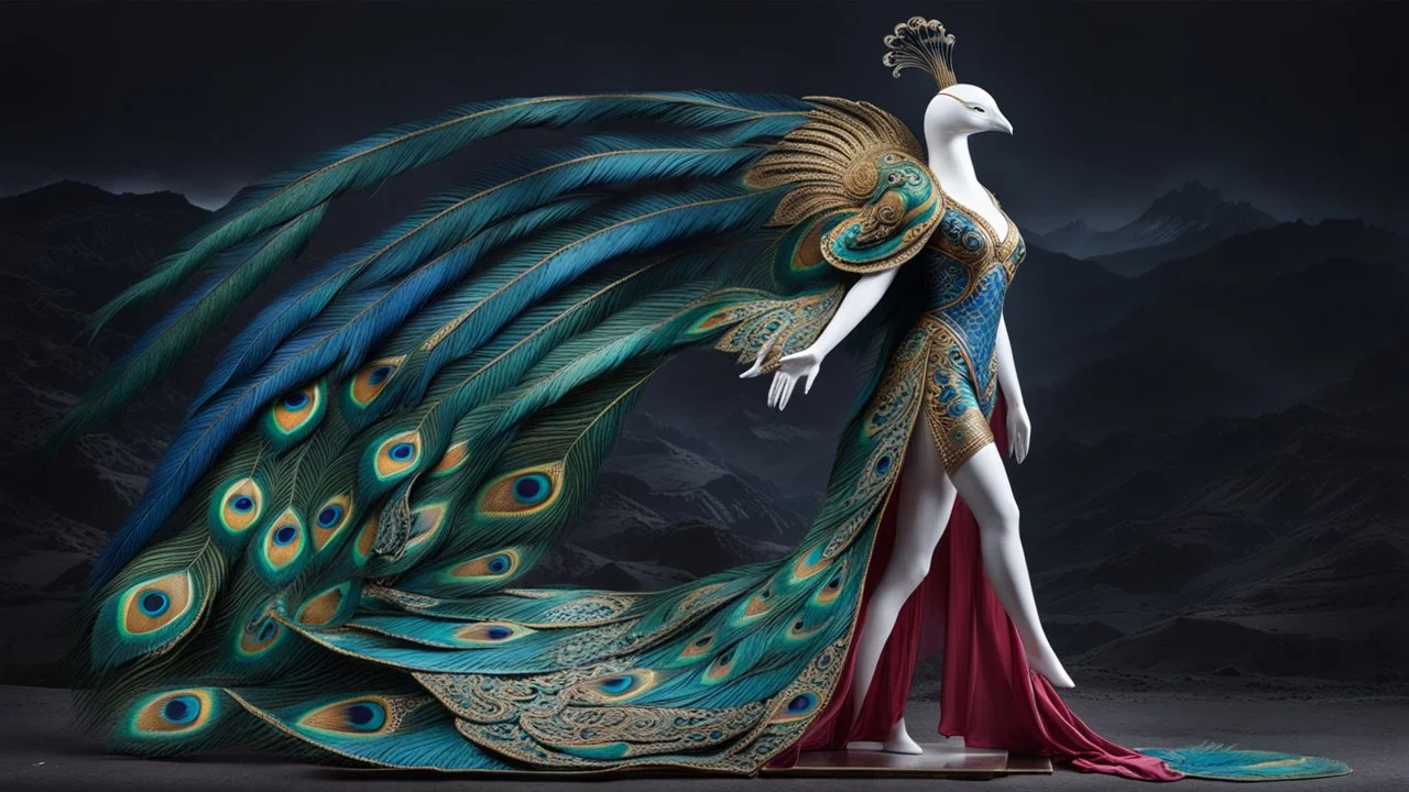 A majestic figure with a bird-like head and long, flowing feathers that resemble a peacock's tail. The figure stands against a dark, mountainous backdrop. The feathers are vibrant with shades of blue, green, and gold, and they spread out dramatically, almost as if they are in motion. The figure's body is adorned with intricate patterns and designs, and it wears a long, flowing dress that mirrors the colors and patterns of the feathers. The dress has a high slit on one side, revealing a leg.