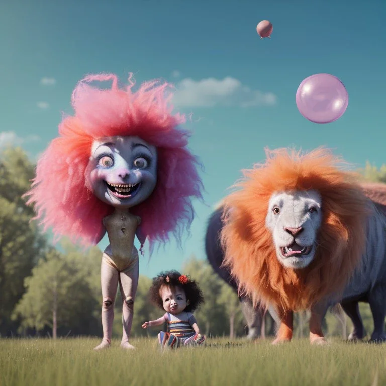 Ultra realistic circus scene. Sweet big hair monster. Child’s playing, smile, happy, color bubbles, smooth color, waist up view, Wes Anderson style, dark ambient, highly detailed, concept art, unreal engine 5, god rays, ray tracing, RTX, lumen lighting, ultra detail, volumetric lighting, 3d, finely drawn, high definition, high resolution.