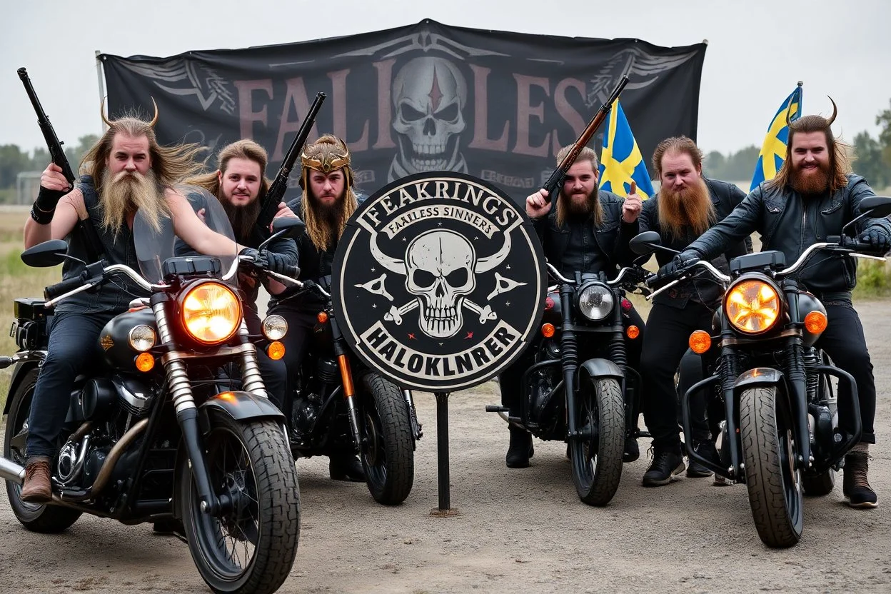 a very hard and tuff motorcycle young gang with viking hair, not old, posing with their Harley Davidsson bikes, some of them holding guns and shotguns, a logo sign with Falköpings HD Club, "Fearless sinners" Skulls and bones, skeletons and fire, Sweden vikings DEMONS, Swedish flags on bikes