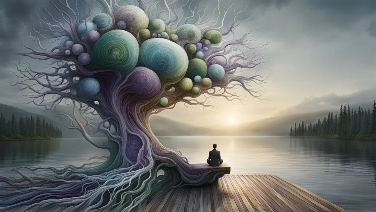 back to the camera on unique bench a figure sittings in a beautiful landscape and overlooking the water of the nearby lake, calm, harmonious atmosphere, muted dark colors, purple, white, gray, green, blue, brown, silver, and pale colors, ,not too colorful colors, Whimsical style and giant stunning neuron network all over the sky, half shadow and half light picture, surreal stunning vibe
