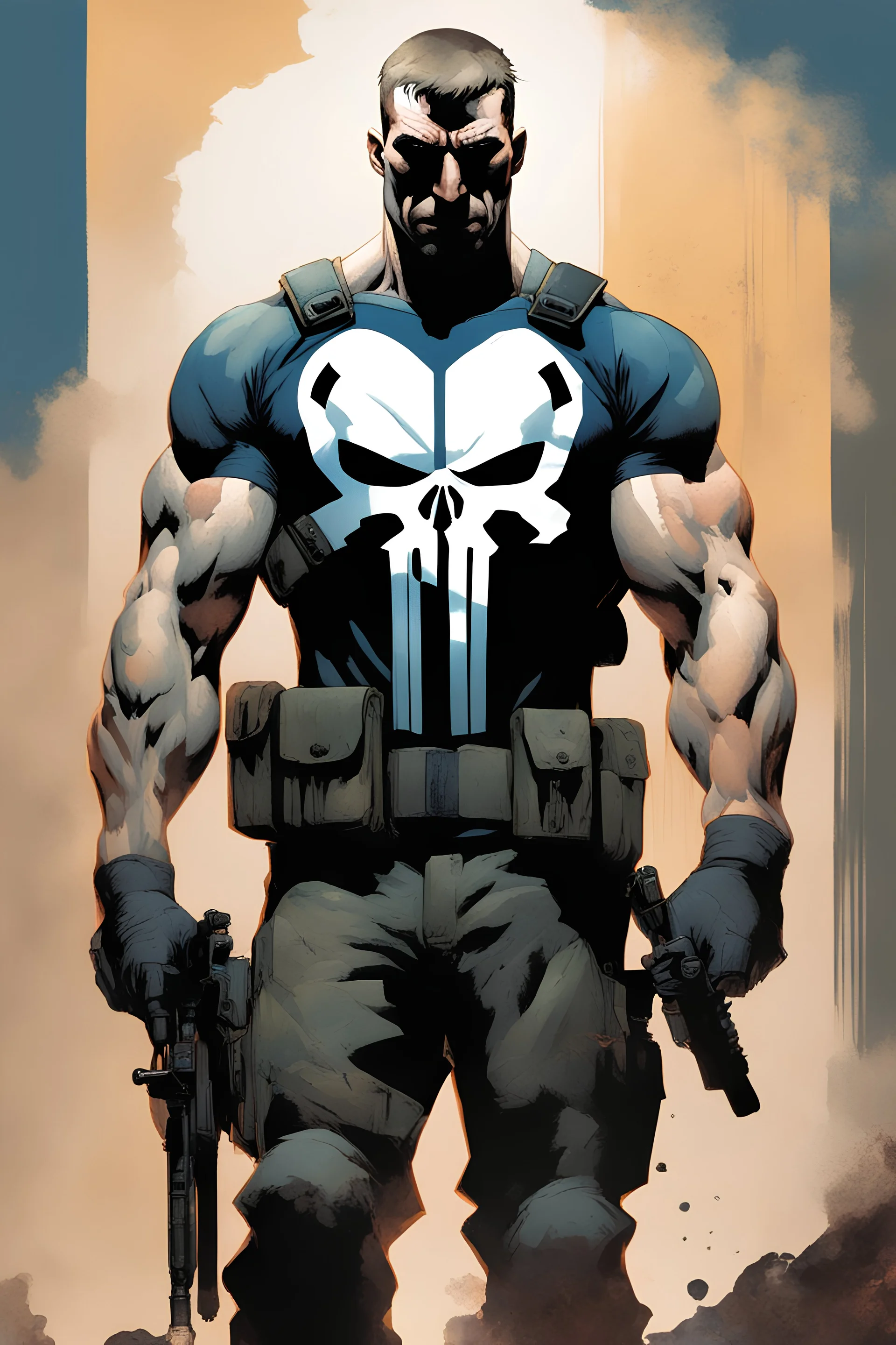 Frank Castle, The Punisher, extremely tall, 6'6" 250lbs, thick, muscular, crew-cut blonde hair, blue eyes - multicolored watercolor stained wall in the background, in the art style of Boris Vallejo, Frank Frazetta, Julie bell, Caravaggio, Rembrandt, Michelangelo, Picasso, Gilbert Stuart, Gerald Brom, Thomas Kinkade, Neal Adams - professional quality studio 8x10 UHD Digital photograph by Scott Kendall - paint splattered wall in the background, multicolored overhead spotlight, Photorealistic, rea