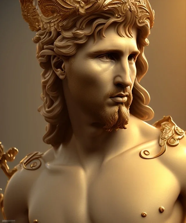 Realistic image, classic sculpture, marble material, Lionel Messi with Laurel wreath model, miguel angel style, God light, god rays, 4k resolution, perfect details, ornate details, soft lighting, unreal engine 5, soft cyan background.