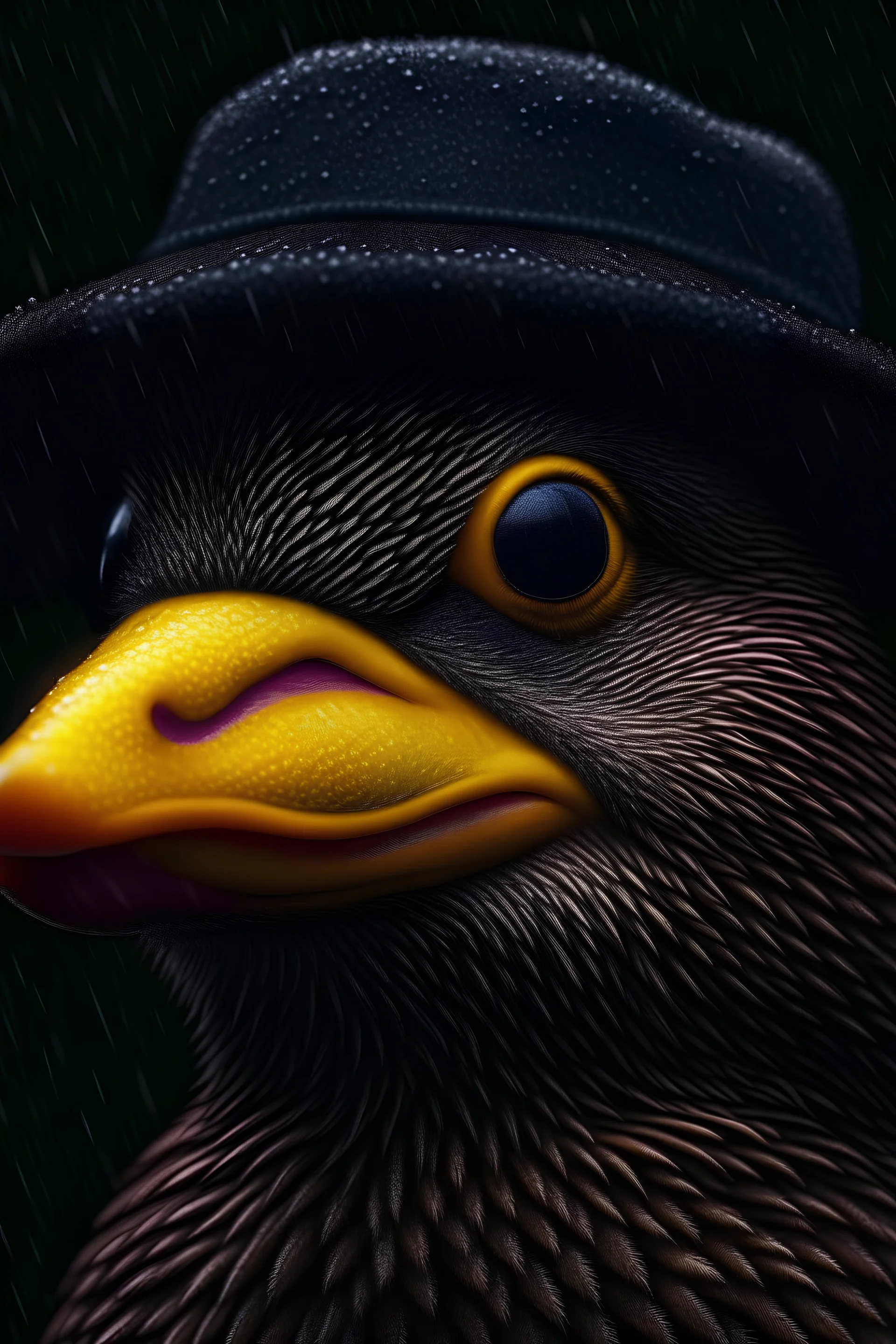 Portrait of a duck, close-up, wearing a hat, in the pouring rain, large drops dripping down the hat, the duck is dry, gloomy colours, gloomy skies, very neat digital artwork, unreal engine, blender art by artgerm, magnificent composition, ultra-realistic, intricate design and detail, photorealistic, very detailed and delicate processing, 32k UHD, sharp super focus, perfect image, perfect composition, a masterpiece, golden ratio, art direction, super quality model