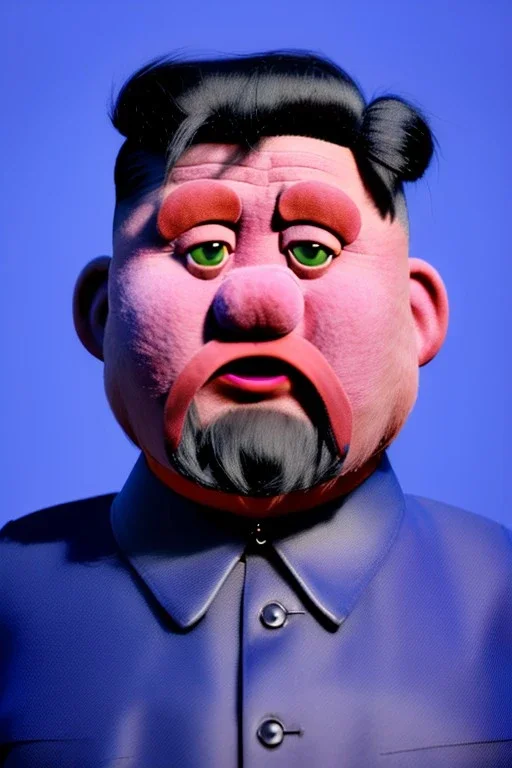 Waist up muppet Portrait, Kim Jong-un as muppet doll, black suit, photo studio, blue background, unreal engine 5, concept art, art station, god lights, ray tracing, RTX, lumen lighting, ultra detail, volumetric lighting, 3d.