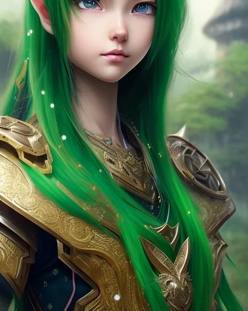 Detailed anime child elf girl, green hair, black and green dragon scale armour, intricate details, full body portrait, keep head in frame, slight smile, black Japanese motif, concept art, highly detailed, digital painting, concept art, sharp focus, illustration, art by Yoji Shinkawa, WLOP and greg rutkowski and alphonse mucha and artgerm and yanjun Chen and Junji ito and Makoto Shinkai, HDR, octane render