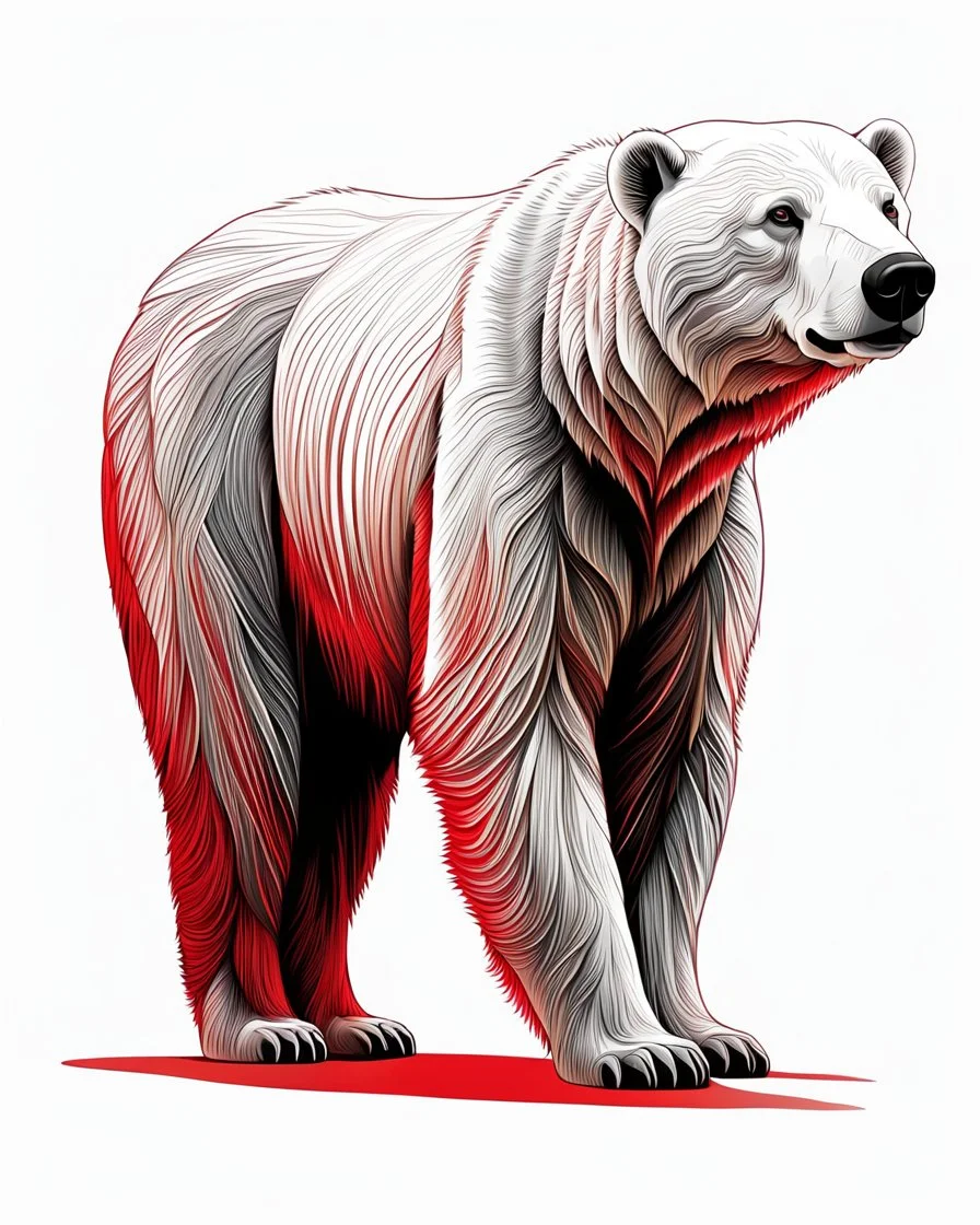 Art illustration lineal polar bear, calidad ultra, hiperdetallado, 12k, fondo blanco, color blanco, rojo, negro y marrón full body