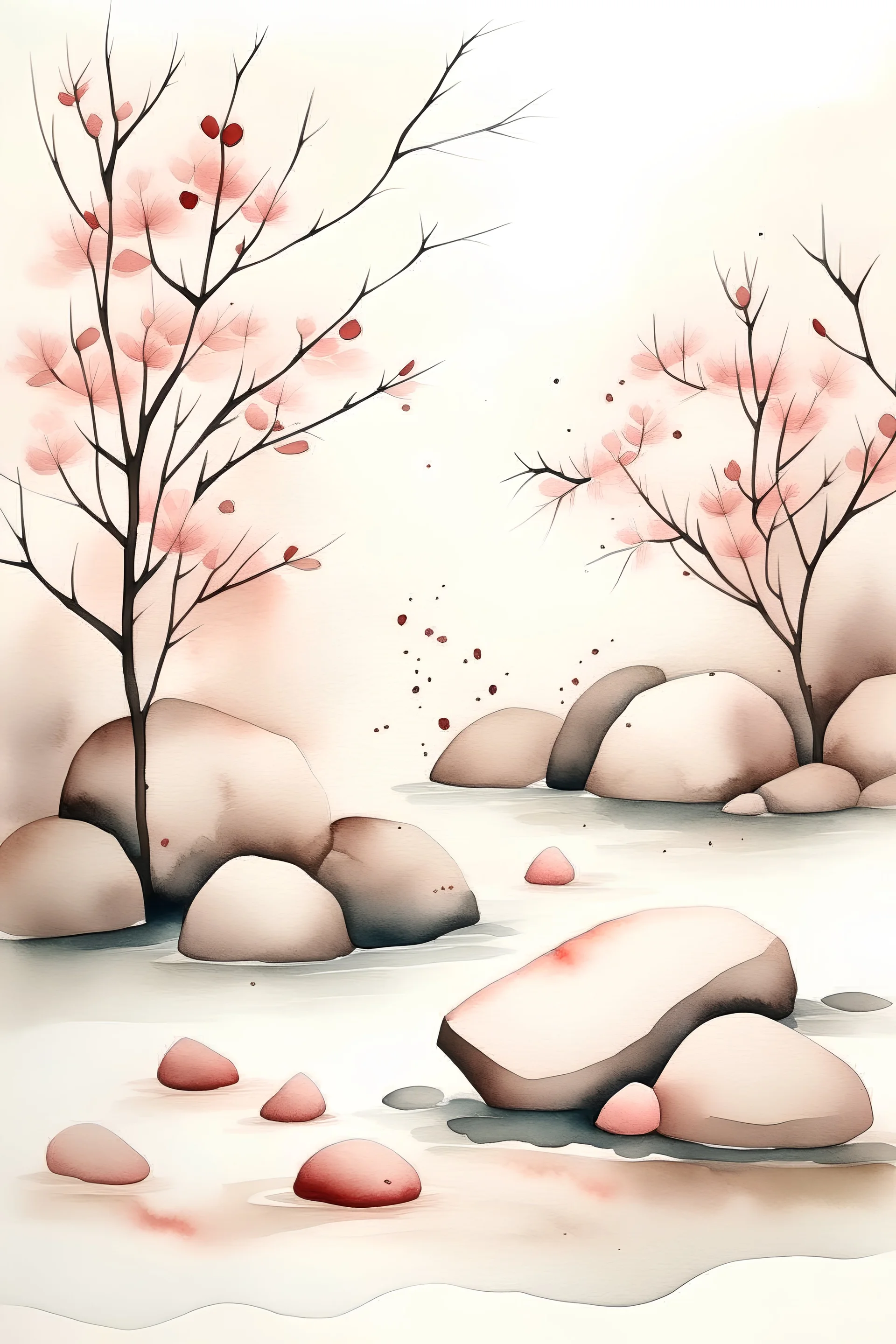 watercolor of a zen garden with cherry trees and stones, minimalistic, japanese style, soft colors, negative space