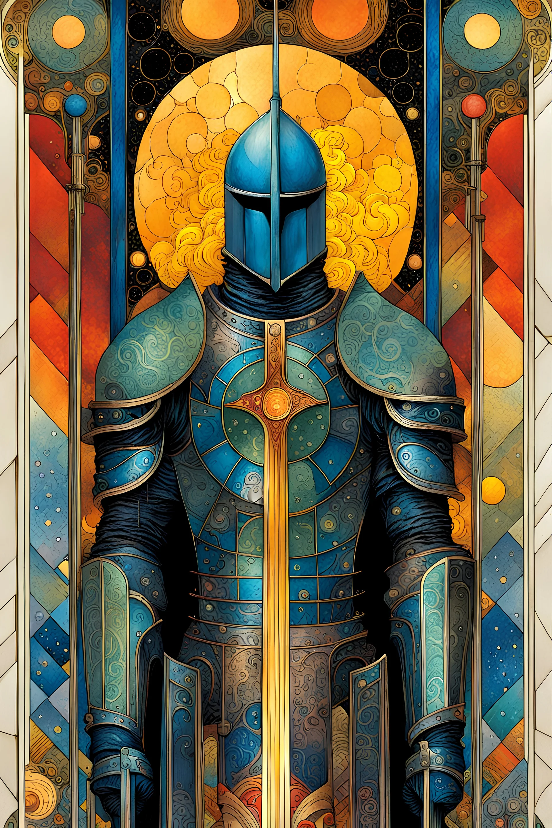 Create a chaotic abstract cubist Tarot Card depicting an ornate, The Knight of Swords , with highly detailed facial features, in the style of Bill Sienkiewicz, Philippe Druillet, Gustav Klimt, and Jean Giraud Moebius, precisely drawn, colored and inked, with ornate bordered edges