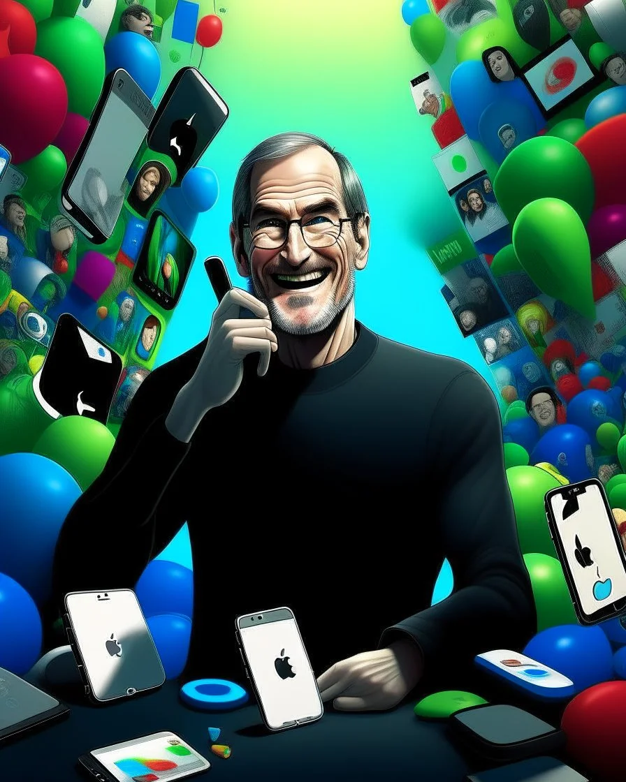 Create a 3D Pixar movie poster style with Steve Jobs/Tim Cook being happy and surrounded by iPhones with the title: “The phone”